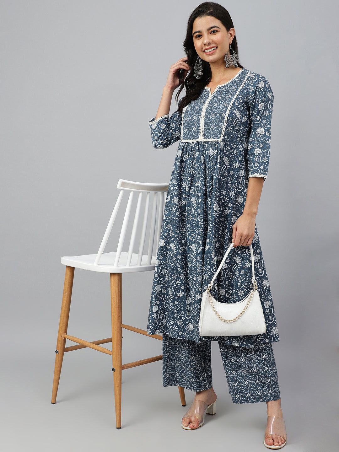Janasya Women's Grey Cotton Floral Print Kurta With Palazzo - Distacart