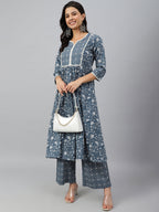 Janasya Women's Grey Cotton Floral Print Kurta With Palazzo - Distacart