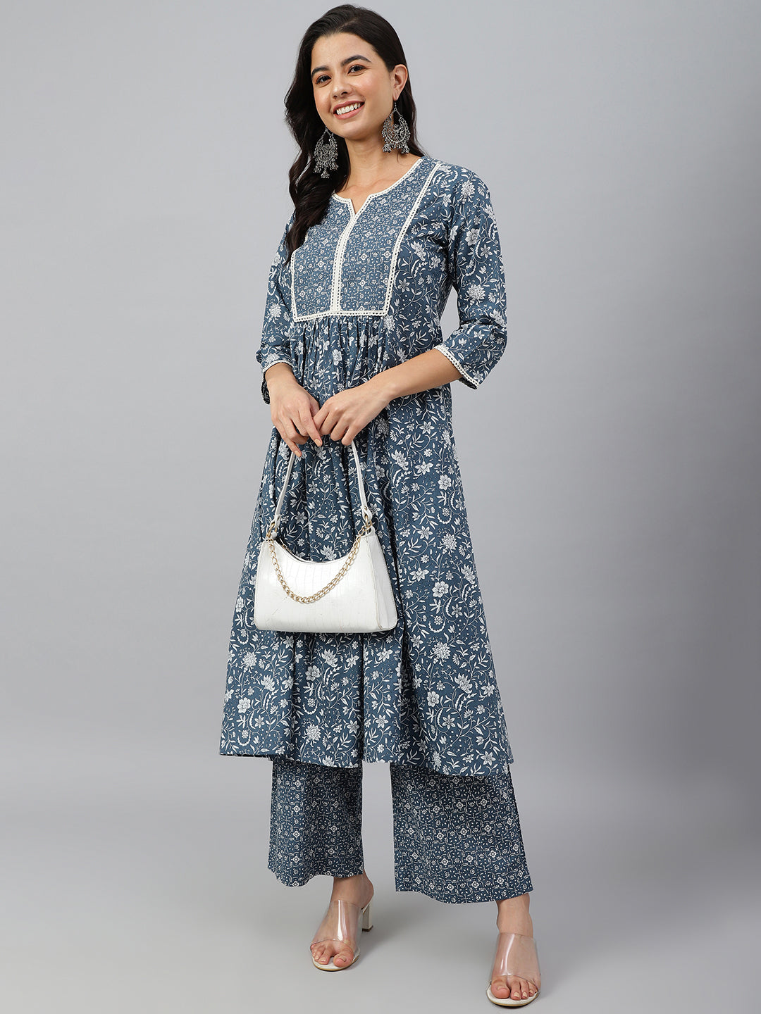 Janasya Women's Grey Cotton Floral Print Kurta With Palazzo - Distacart