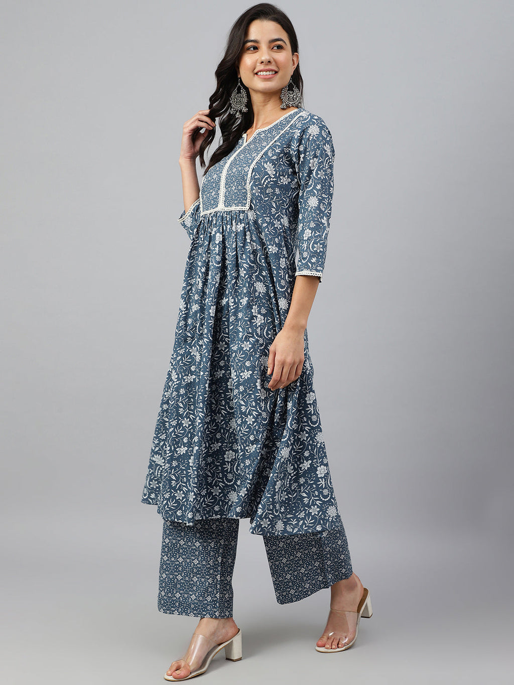 Janasya Women's Grey Cotton Floral Print Kurta With Palazzo - Distacart