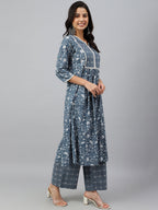 Janasya Women's Grey Cotton Floral Print Kurta With Palazzo - Distacart