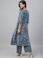 Janasya Women's Grey Cotton Floral Print Kurta With Palazzo - Distacart