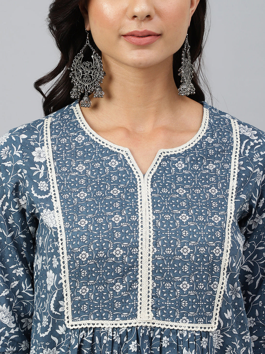 Janasya Women's Grey Cotton Floral Print Kurta With Palazzo - Distacart