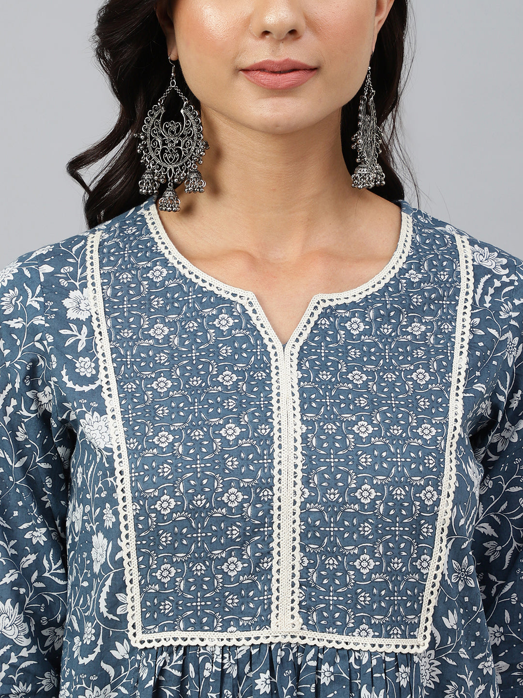Janasya Women's Grey Cotton Floral Print Kurta With Palazzo - Distacart