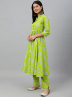 Janasya Women's Light Green Cotton Block Print Kurta With Pant - Distacart