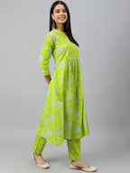 Janasya Women's Light Green Cotton Block Print Kurta With Pant - Distacart