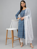 Janasya Women's Navy Blue Cotton Floral Print Kurta With Pant And Dupatta - Distacart