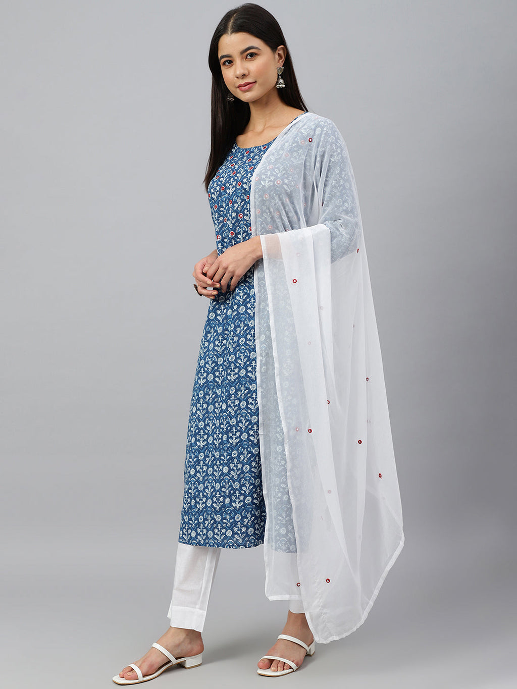 Janasya Women's Navy Blue Cotton Floral Print Kurta With Pant And Dupatta - Distacart