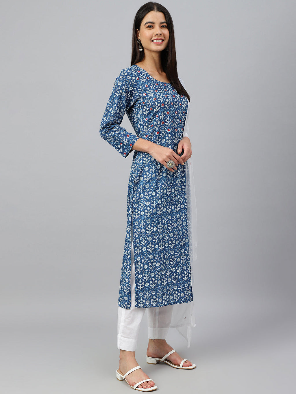 Janasya Women's Navy Blue Cotton Floral Print Kurta With Pant And Dupatta - Distacart