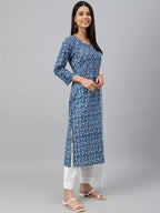Janasya Women's Navy Blue Cotton Floral Print Kurta With Pant And Dupatta - Distacart