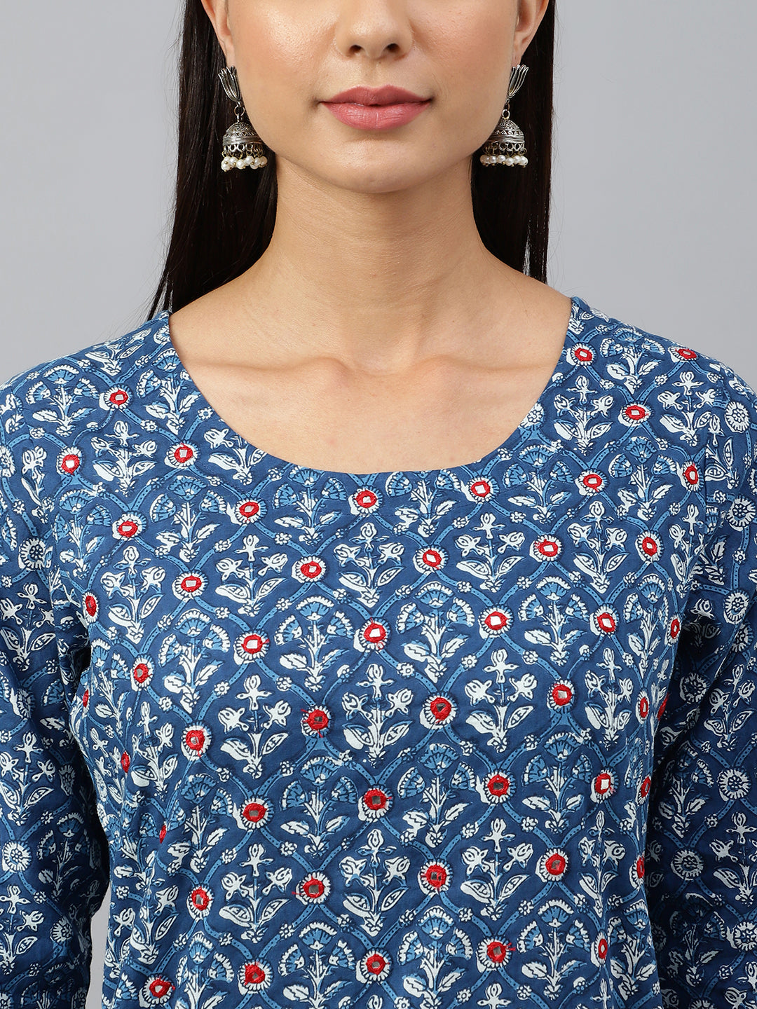 Janasya Women's Navy Blue Cotton Floral Print Kurta With Pant And Dupatta - Distacart