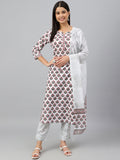 Janasya Women's White Cotton Floral Block Print Kurta With Pant And Dupatta - Distacart