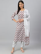 Janasya Women's White Cotton Floral Block Print Kurta With Pant And Dupatta - Distacart