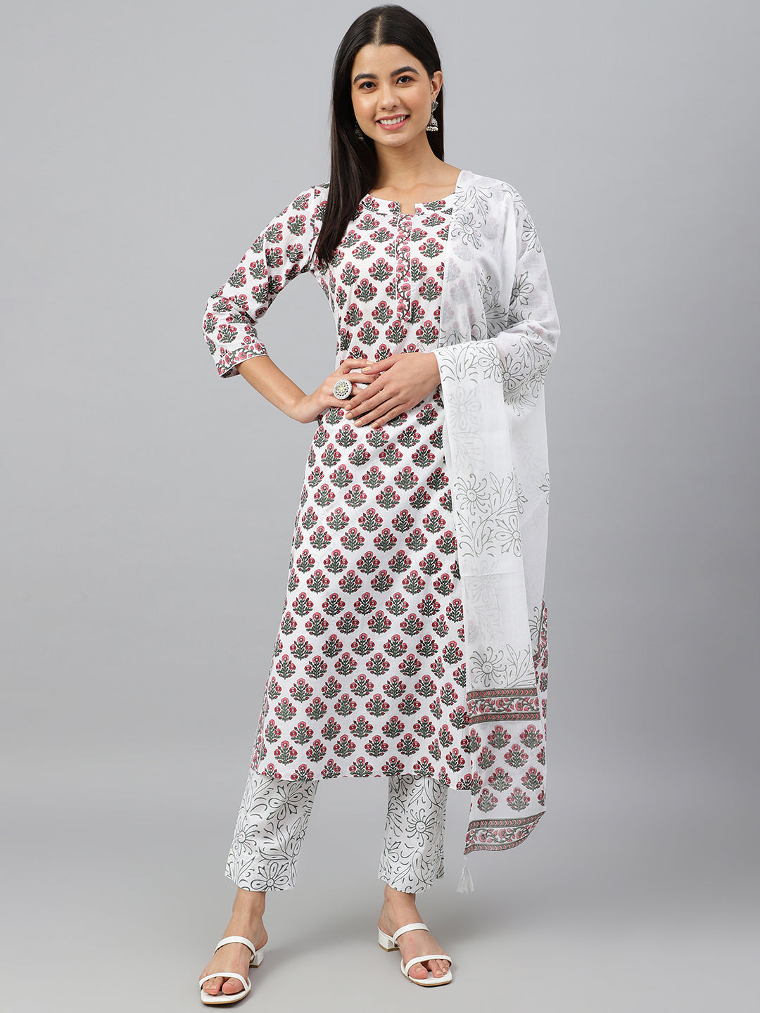 Janasya Women's White Cotton Floral Block Print Kurta With Pant And Dupatta - Distacart