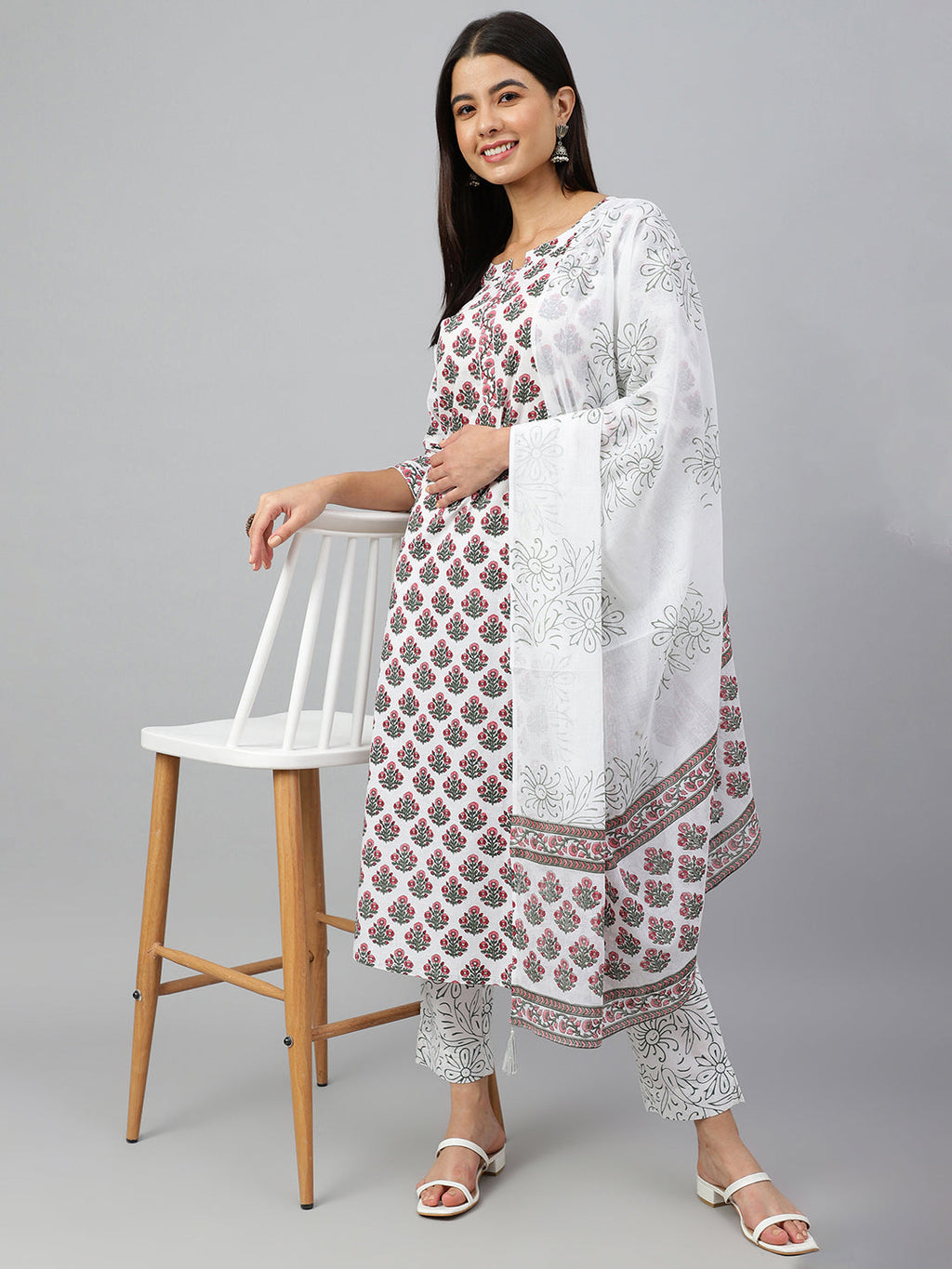 Janasya Women's White Cotton Floral Block Print Kurta With Pant And Dupatta - Distacart
