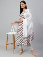 Janasya Women's White Cotton Floral Block Print Kurta With Pant And Dupatta - Distacart