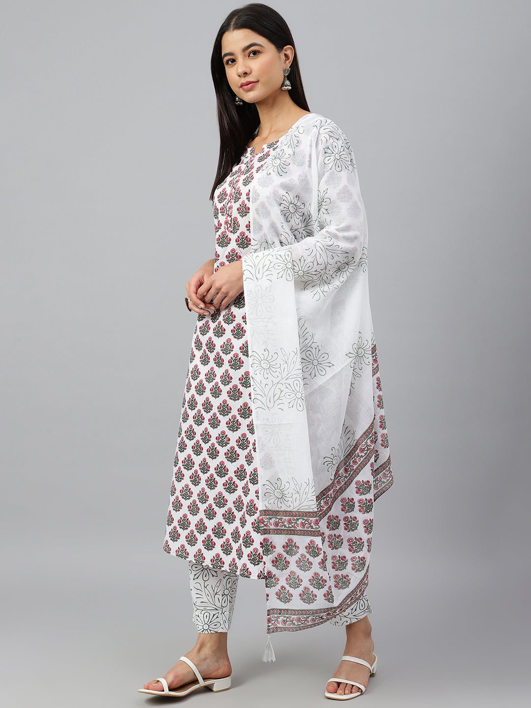 Janasya Women's White Cotton Floral Block Print Kurta With Pant And Dupatta - Distacart