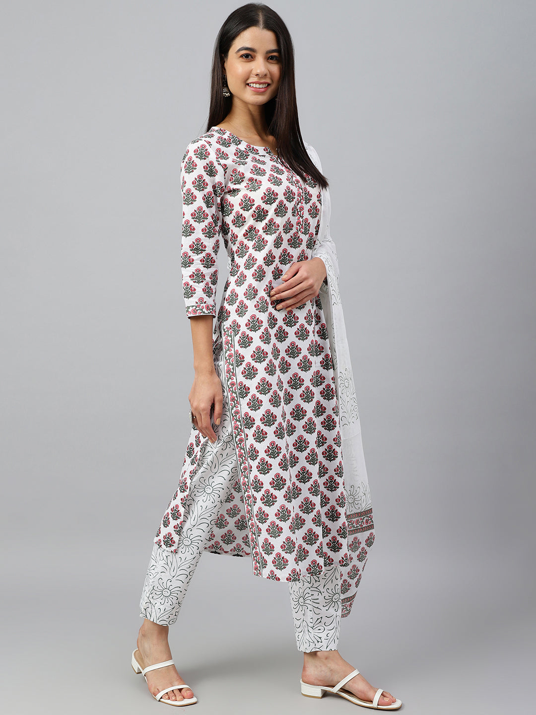 Janasya Women's White Cotton Floral Block Print Kurta With Pant And Dupatta - Distacart