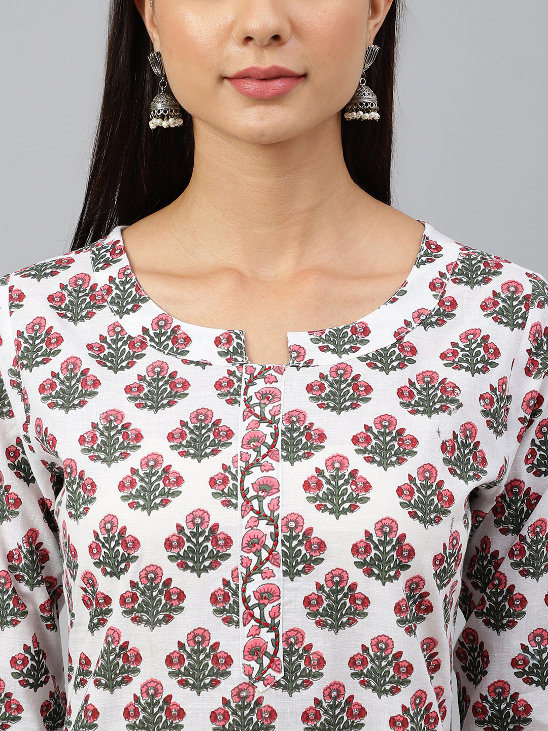 Janasya Women's White Cotton Floral Block Print Kurta With Pant And Dupatta - Distacart