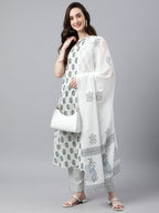 Janasya Women's White Cotton Floral Print Kurta With Pant And Dupatta - Distacart