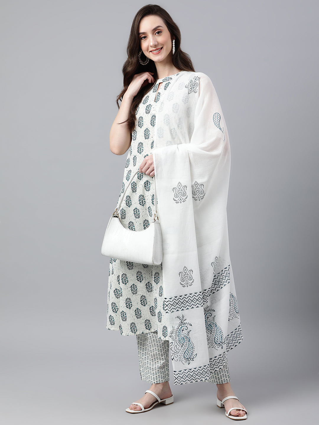 Janasya Women's White Cotton Floral Print Kurta With Pant And Dupatta - Distacart