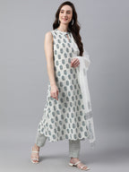 Janasya Women's White Cotton Floral Print Kurta With Pant And Dupatta - Distacart