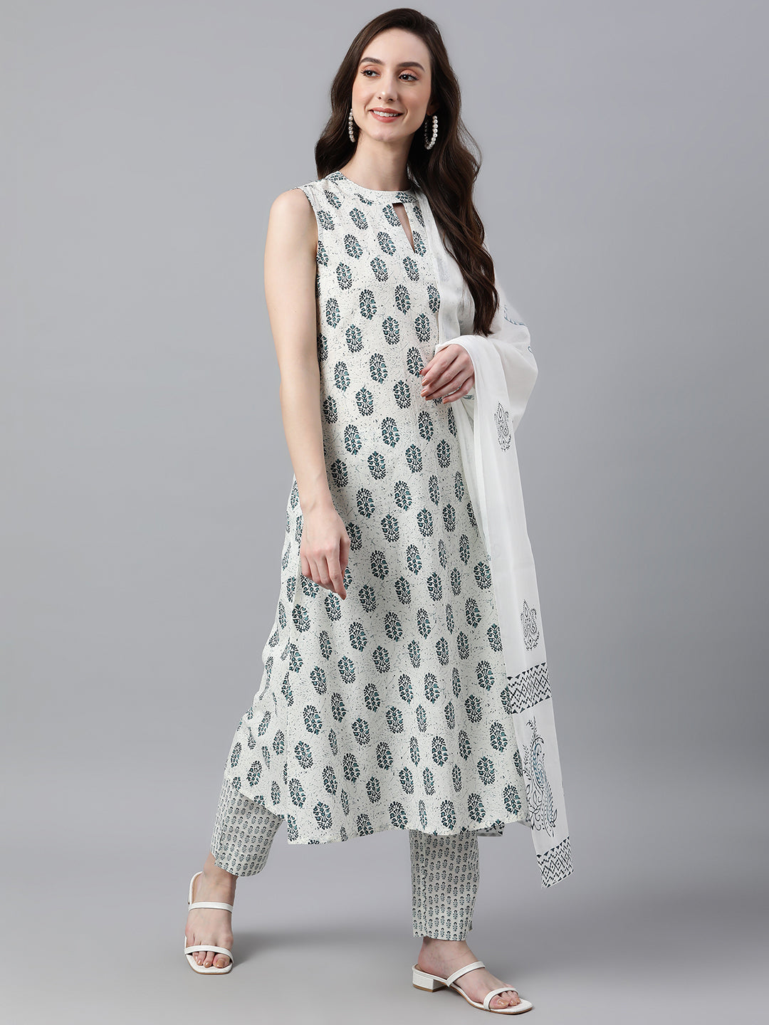 Janasya Women's White Cotton Floral Print Kurta With Pant And Dupatta - Distacart