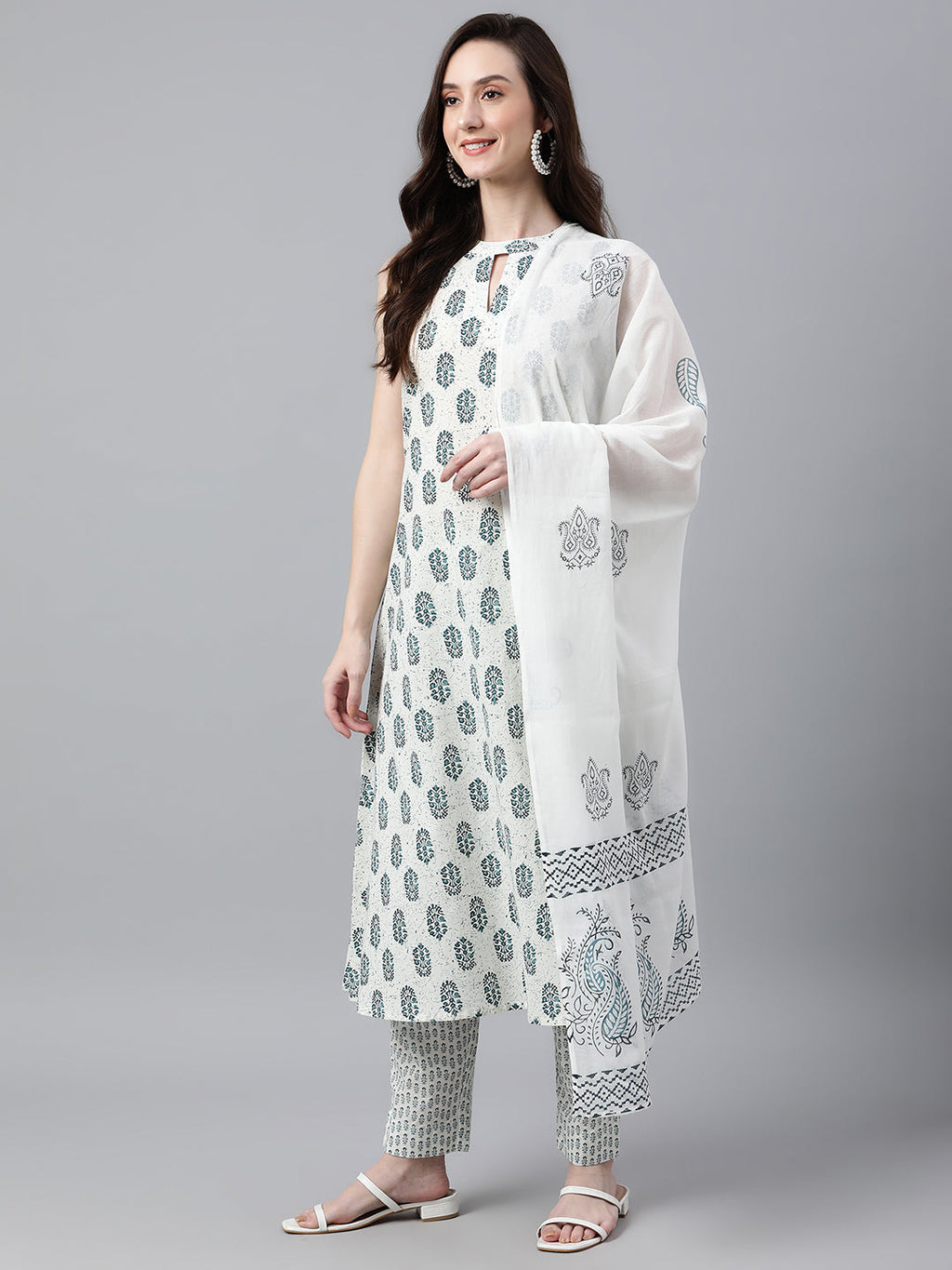 Janasya Women's White Cotton Floral Print Kurta With Pant And Dupatta - Distacart