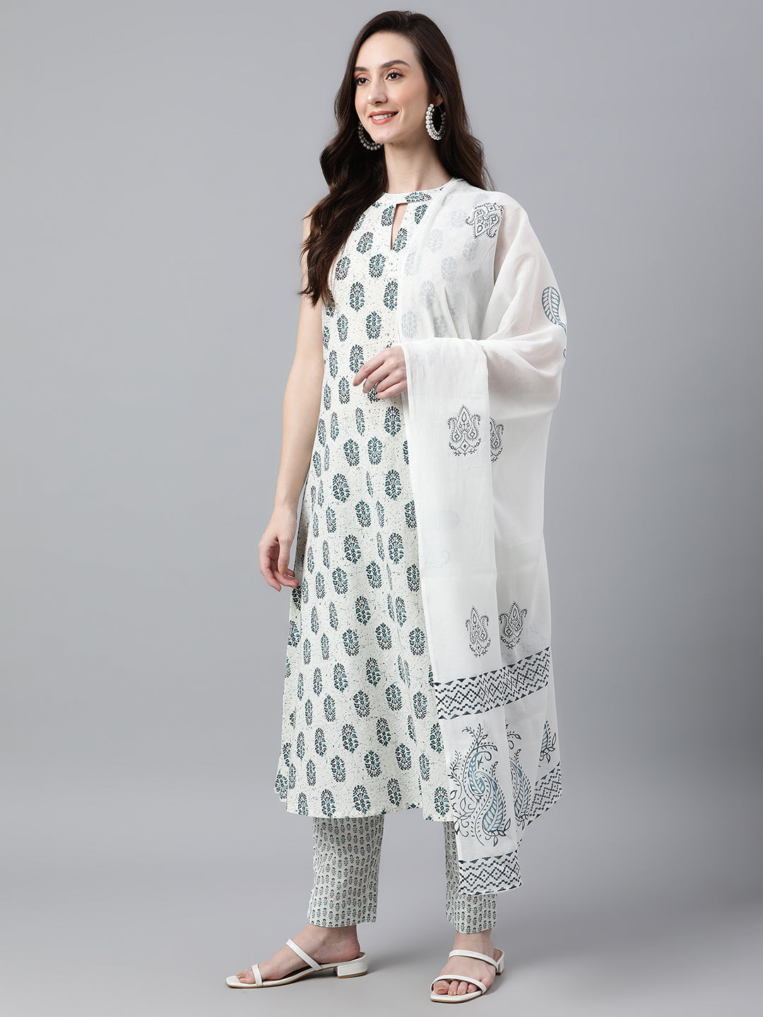 Janasya Women's White Cotton Floral Print Kurta With Pant And Dupatta - Distacart