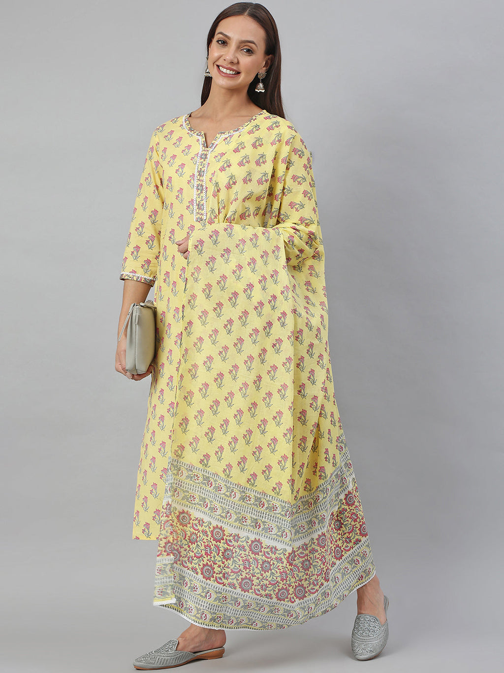 Janasya Women's Yellow Cotton Floral Print Kurta With Pant And Dupatta - Distacart