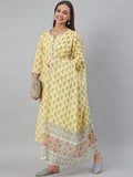Janasya Women's Yellow Cotton Floral Print Kurta With Pant And Dupatta - Distacart