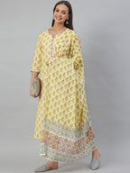 Janasya Women's Yellow Cotton Floral Print Kurta With Pant And Dupatta - Distacart
