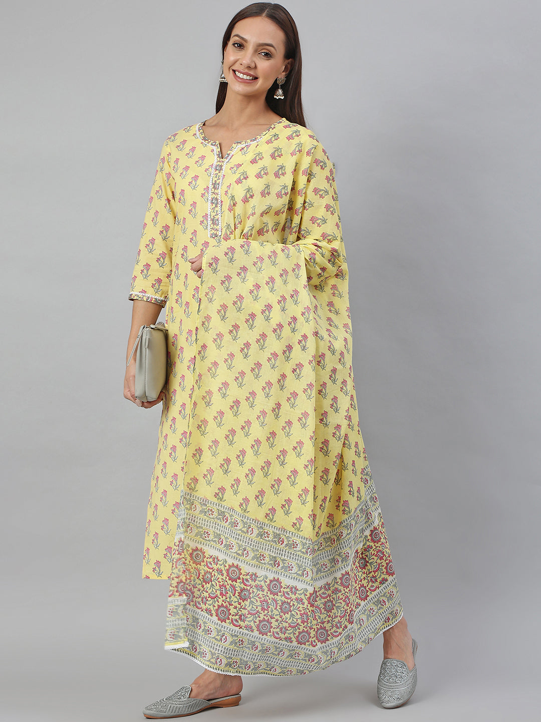 Janasya Women's Yellow Cotton Floral Print Kurta With Pant And Dupatta - Distacart