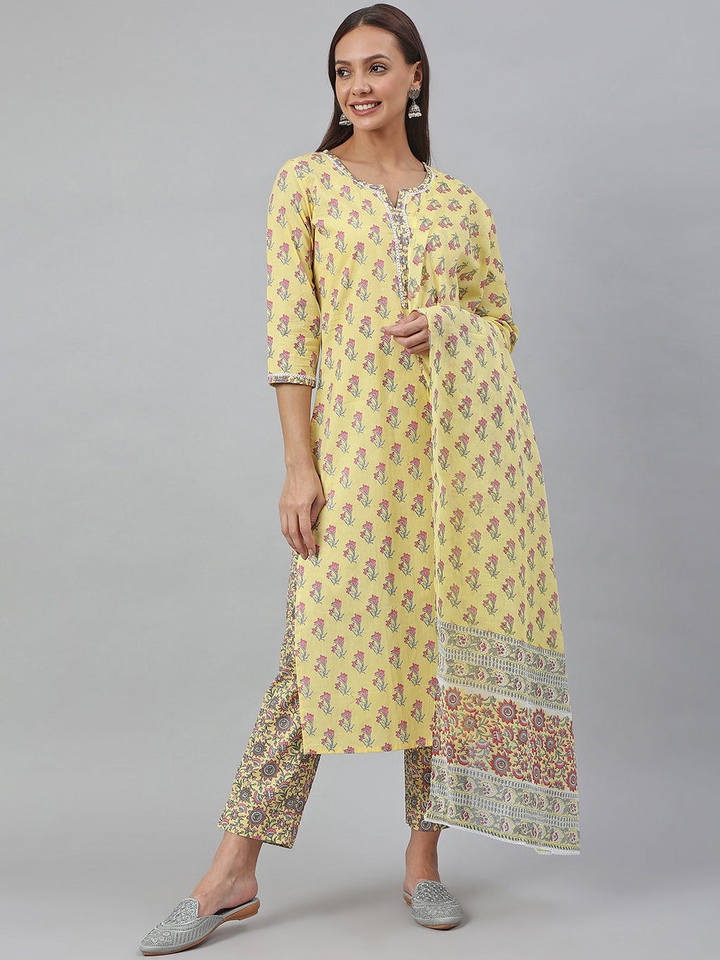 Janasya Women's Yellow Cotton Floral Print Kurta With Pant And Dupatta - Distacart