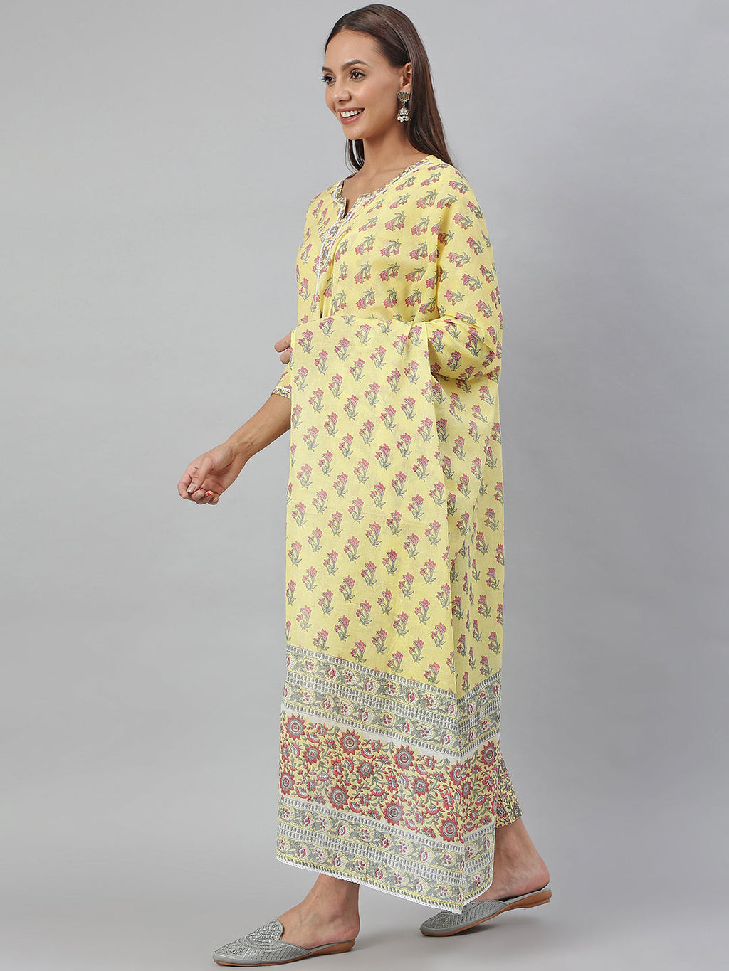 Janasya Women's Yellow Cotton Floral Print Kurta With Pant And Dupatta - Distacart