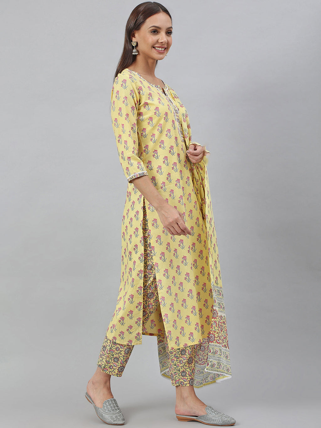 Janasya Women's Yellow Cotton Floral Print Kurta With Pant And Dupatta - Distacart