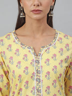 Janasya Women's Yellow Cotton Floral Print Kurta With Pant And Dupatta - Distacart