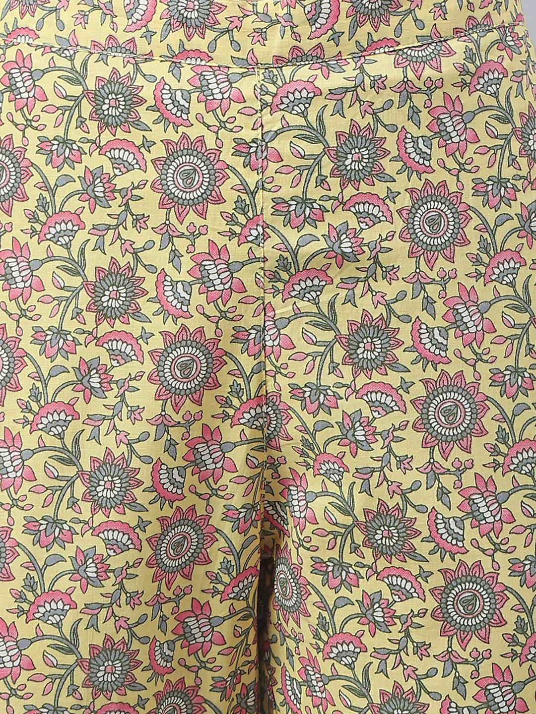 Janasya Women's Yellow Cotton Floral Print Kurta With Pant And Dupatta - Distacart