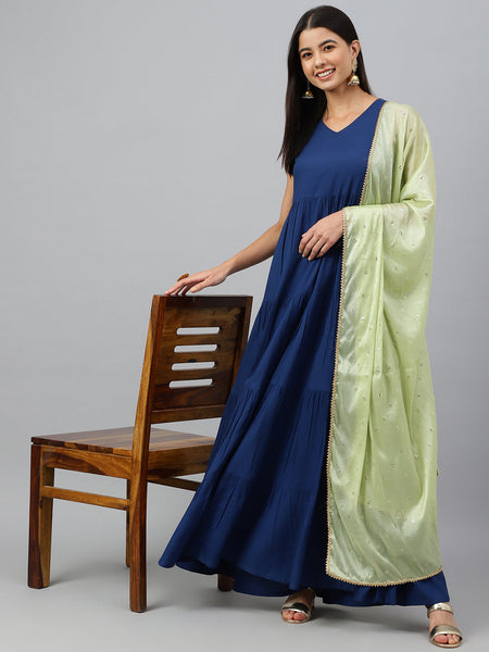 Janasya Women's Dark Blue Rayon Solid Kurta With Dupatta
