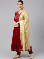Janasya Women's Maroon Velvet Solid Kurta With Pant And Dupatta - Distacart