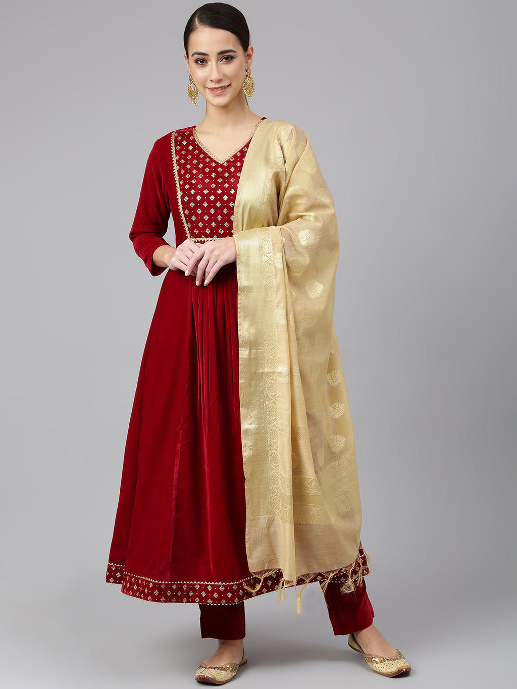 Janasya Women's Maroon Velvet Solid Kurta With Pant And Dupatta - Distacart