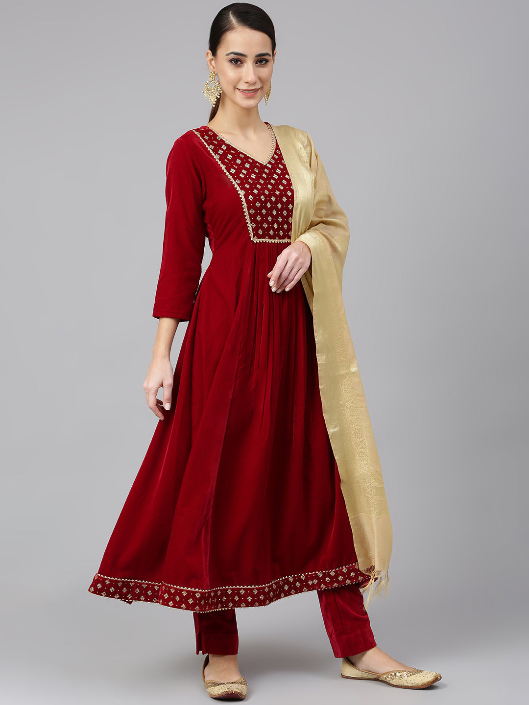 Janasya Women's Maroon Velvet Solid Kurta With Pant And Dupatta - Distacart