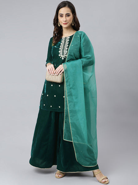 Janasya Women's Dark Green Velvet Floral Embroidery Kurta With Flared Palazzo And Dupatta