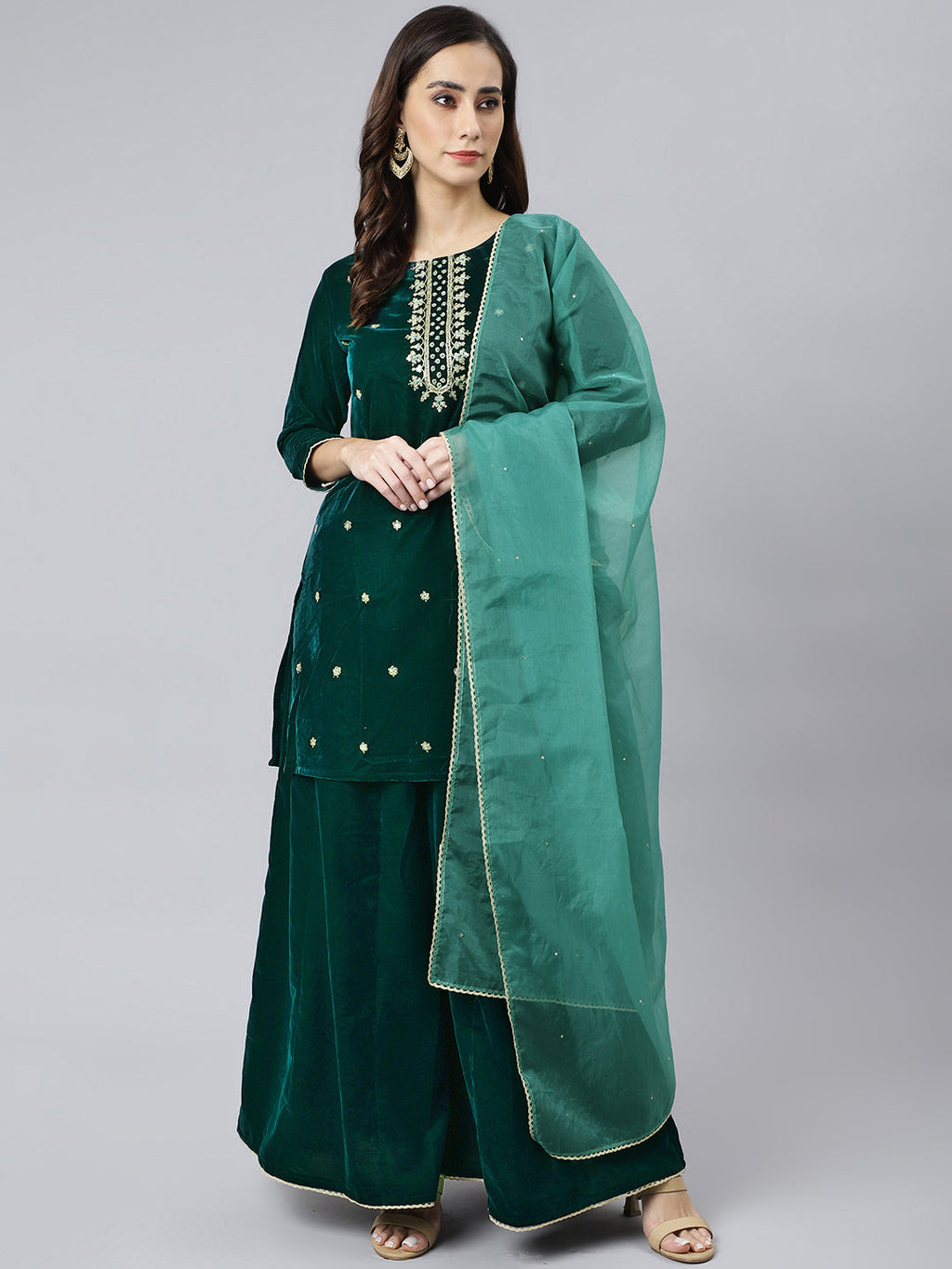 Janasya Women's Dark Green Velvet Floral Embroidery Kurta With Flared Palazzo And Dupatta - Distacart