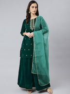 Janasya Women's Dark Green Velvet Floral Embroidery Kurta With Flared Palazzo And Dupatta - Distacart