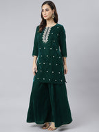 Janasya Women's Dark Green Velvet Floral Embroidery Kurta With Flared Palazzo And Dupatta - Distacart