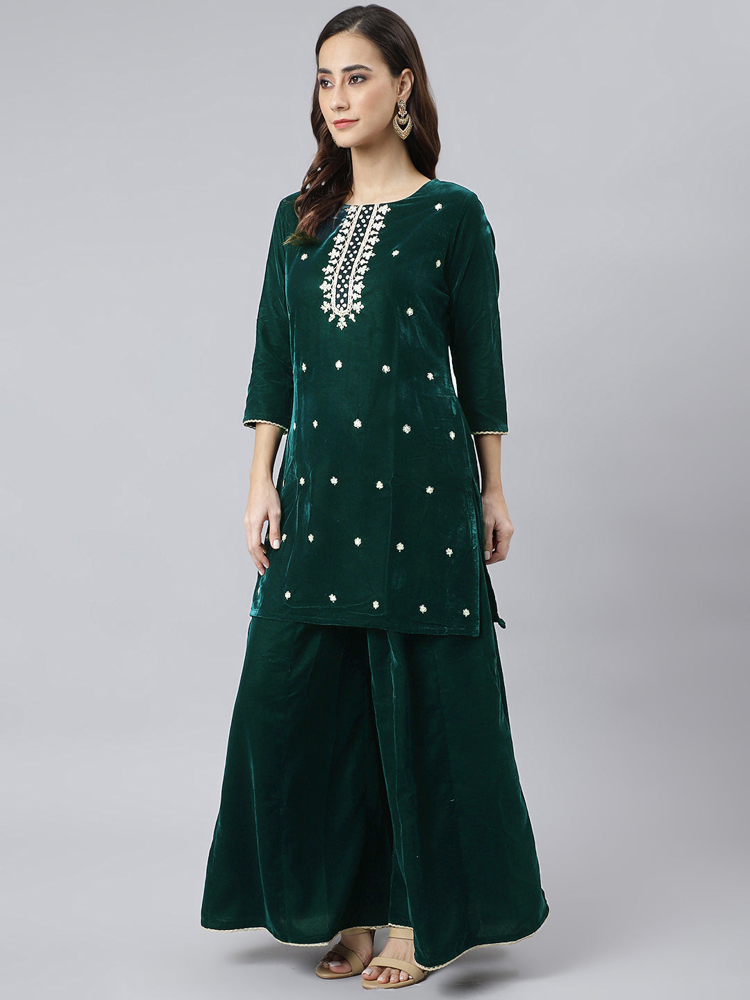 Janasya Women's Dark Green Velvet Floral Embroidery Kurta With Flared Palazzo And Dupatta - Distacart