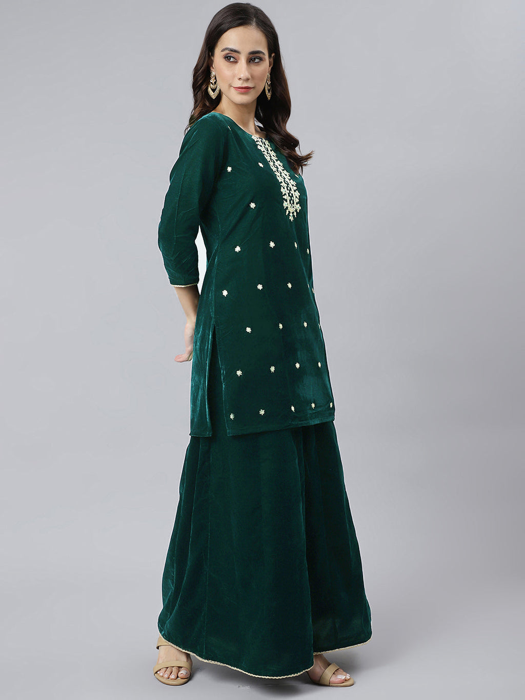 Janasya Women's Dark Green Velvet Floral Embroidery Kurta With Flared Palazzo And Dupatta - Distacart