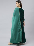 Janasya Women's Dark Green Velvet Floral Embroidery Kurta With Flared Palazzo And Dupatta - Distacart