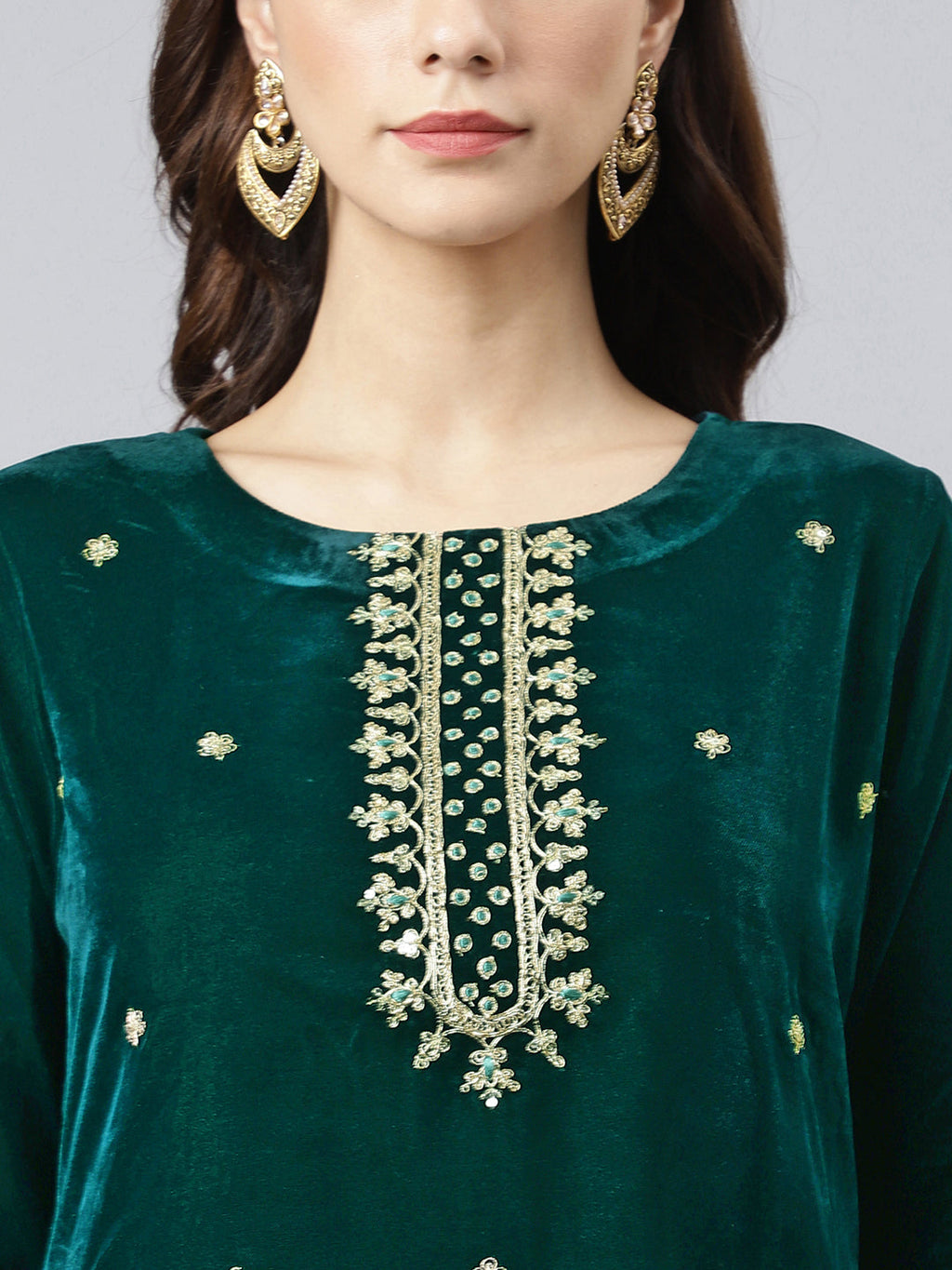 Janasya Women's Dark Green Velvet Floral Embroidery Kurta With Flared Palazzo And Dupatta - Distacart